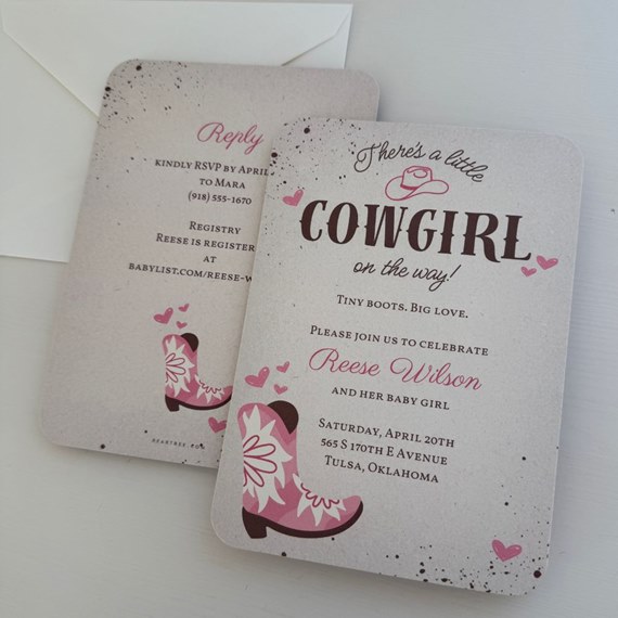 baby shower invitation with cowgirl theme and pink boots