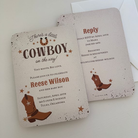 baby shower invitation with cowboy theme, photo area