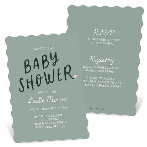 baby shower invitation with scalloped edges and light green background