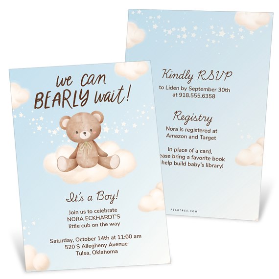 baby shower invitation with teddy bear and cloud design
