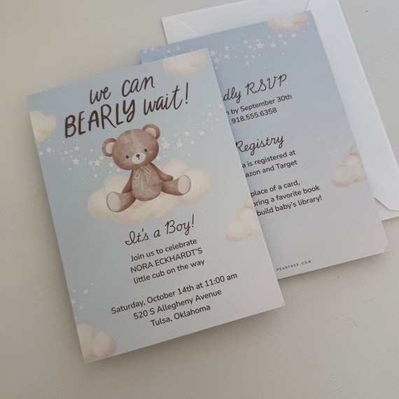 baby shower invitation with bear and clouds