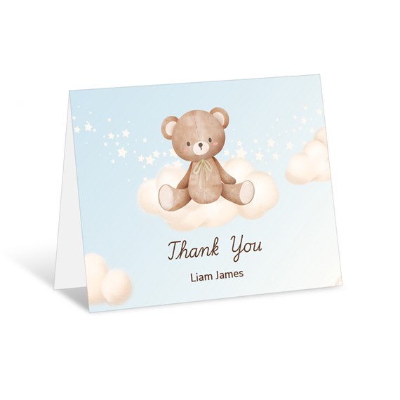 thank you card with teddy bear and clouds, photo placeholder
