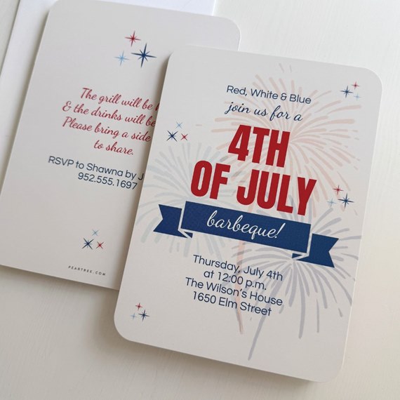 4TH OF JULY party invitation with fireworks and stars
