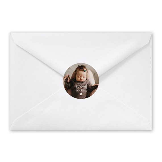white envelope with photo placeholder and text