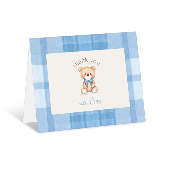 thank you card with teddy bear illustration and blue plaid design