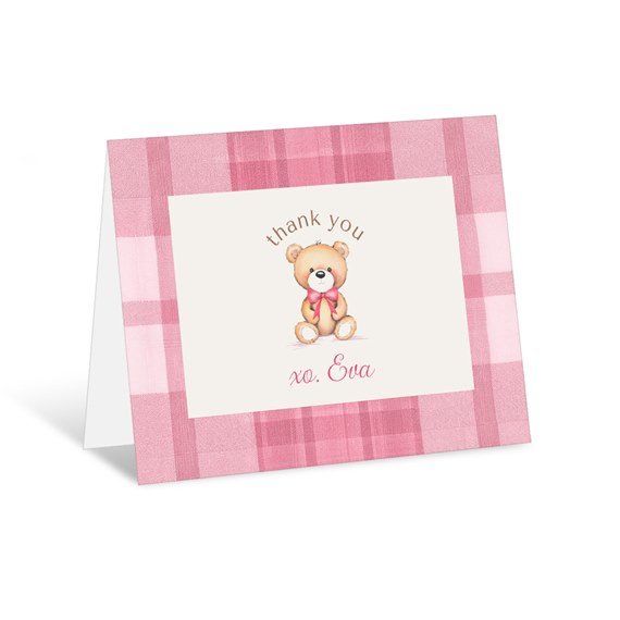 thank you card with teddy bear illustration and pink plaid border