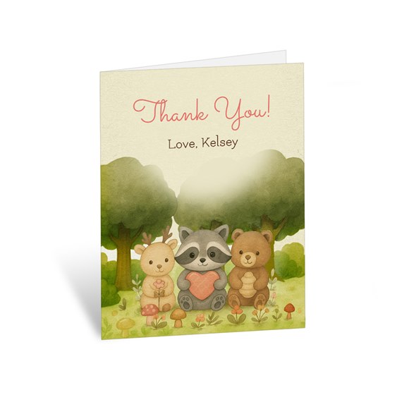 whimsical woodland thank you card with animals