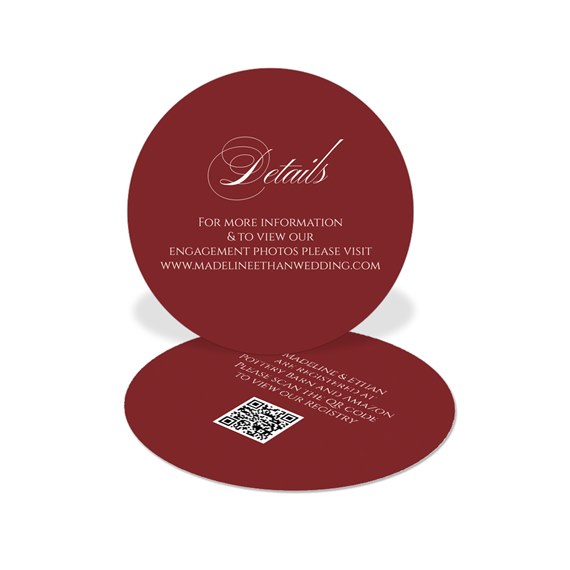 circular wedding insert card with details and QR code