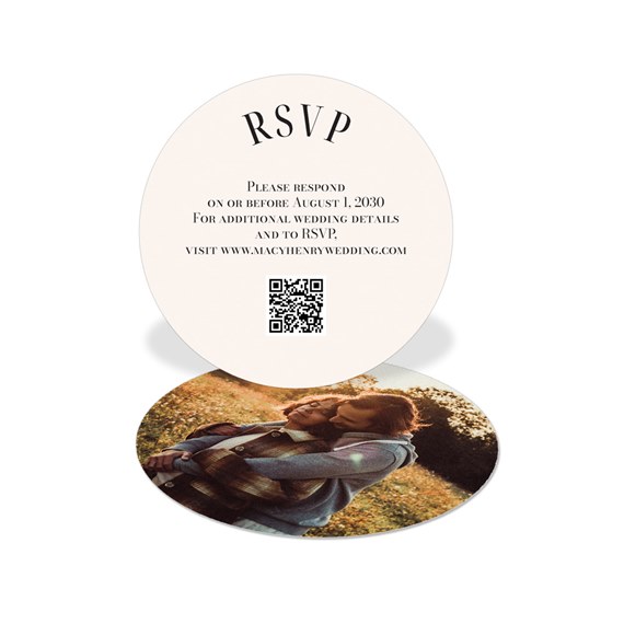 circular wedding RSVP card with photo area
