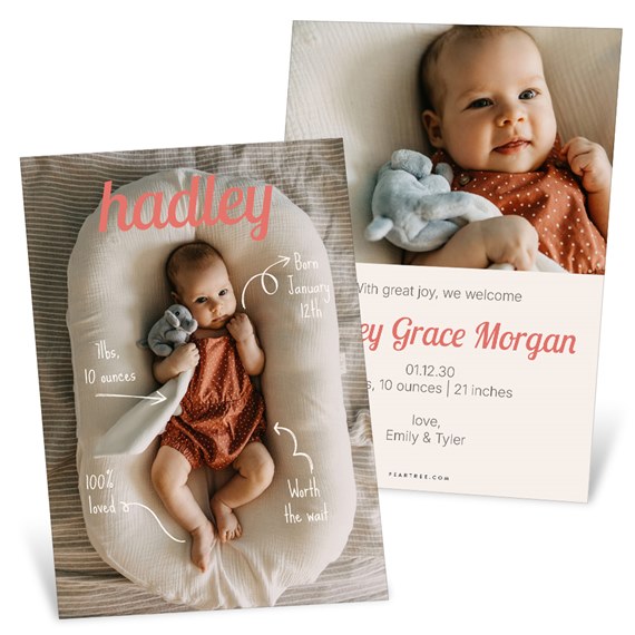 two birth announcement cards with photo placeholders and decorative text