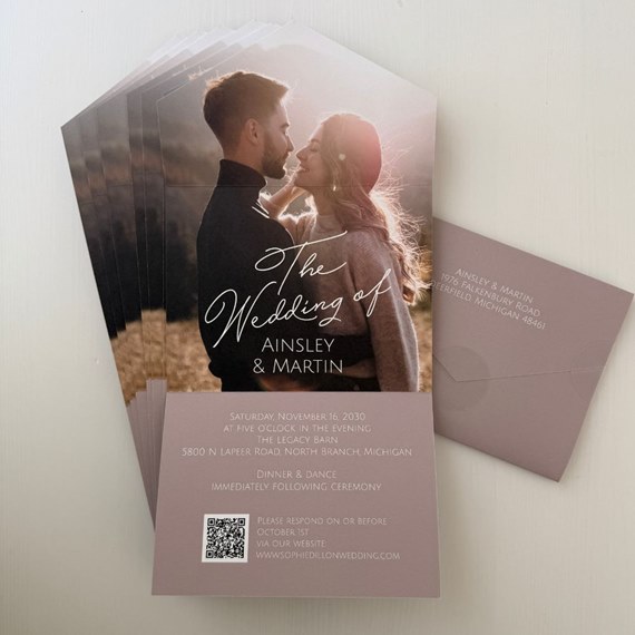 wedding invitation with photo area and event details