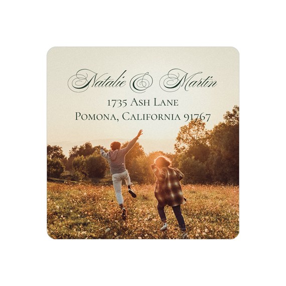 address label with customizable text area and photo placeholder