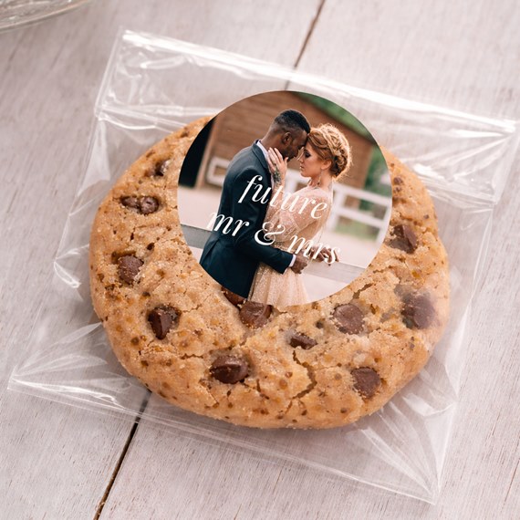 cookie with round sticker photo area and text