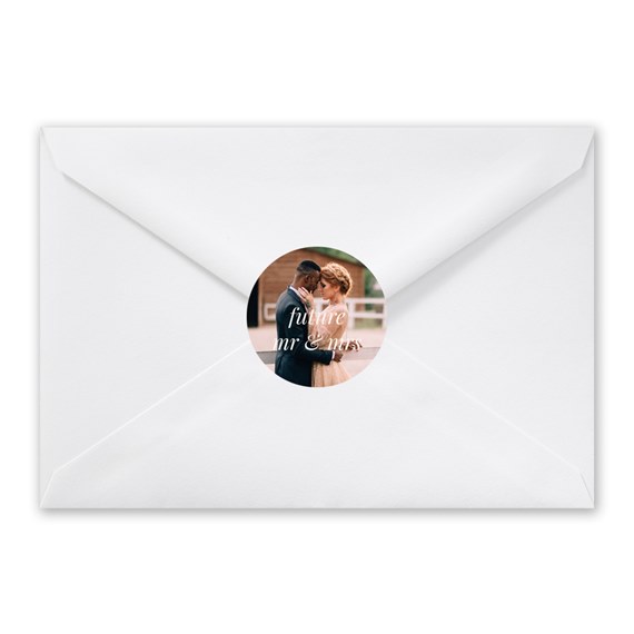 white envelope with circular photo placeholder sticker and text