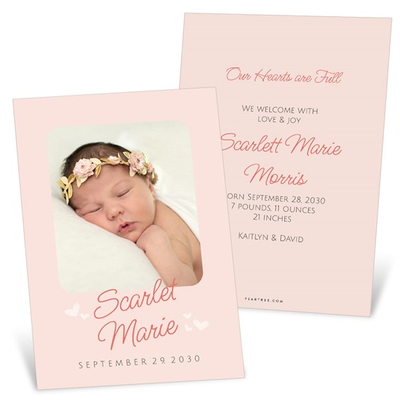 birth announcement card with photo area and floral design