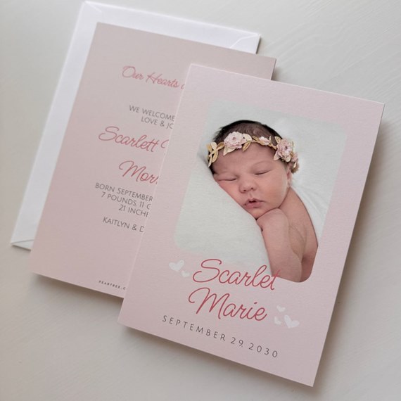 pink birth announcement with photo placeholder and decorative text