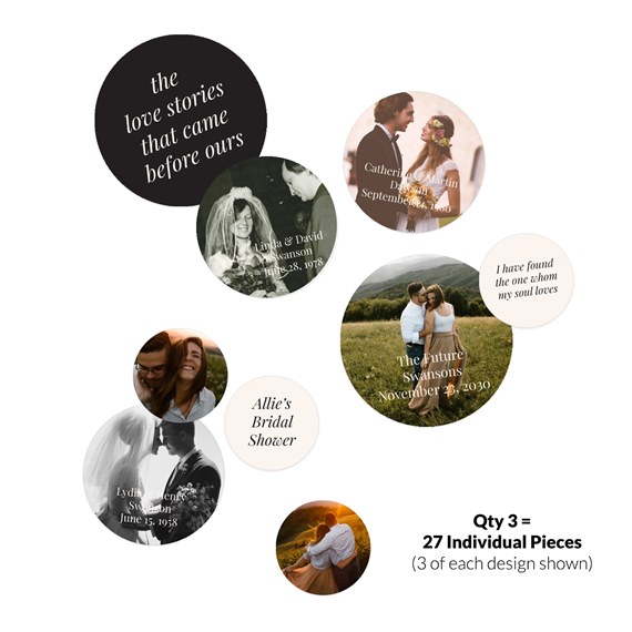 confetti pieces with text and images of couples