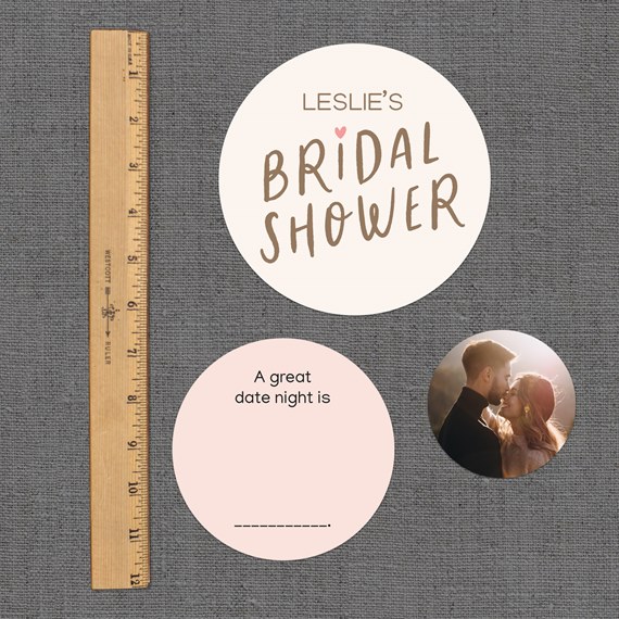 circular confetti with bridal shower text, pink fill-in area, photo placeholder