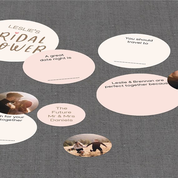 bridal shower confetti design with text prompts and photo placeholders