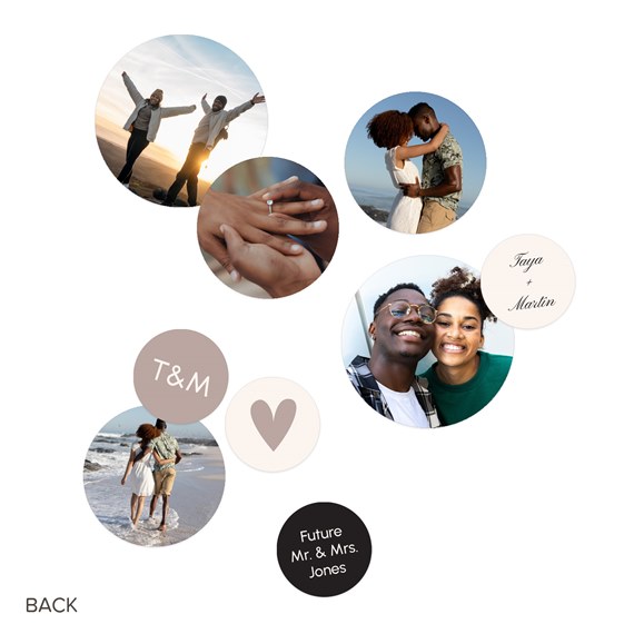 multiple photo placeholders, text elements, heart shape