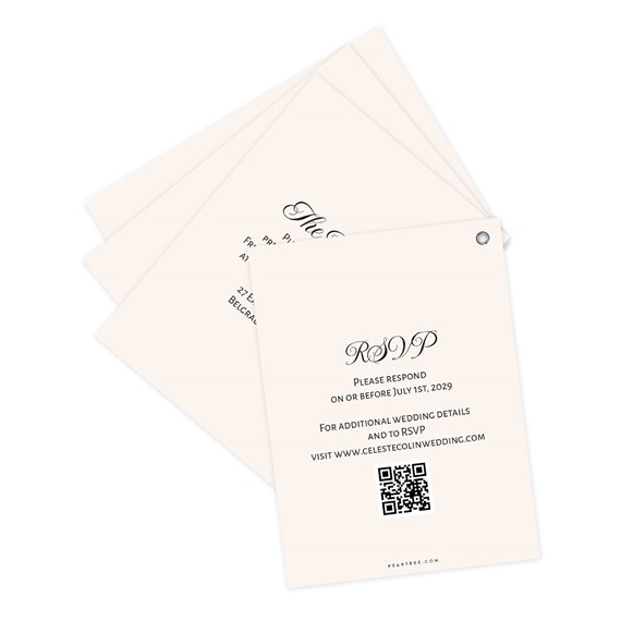 set of wedding RSVP cards with decorative text and QR code