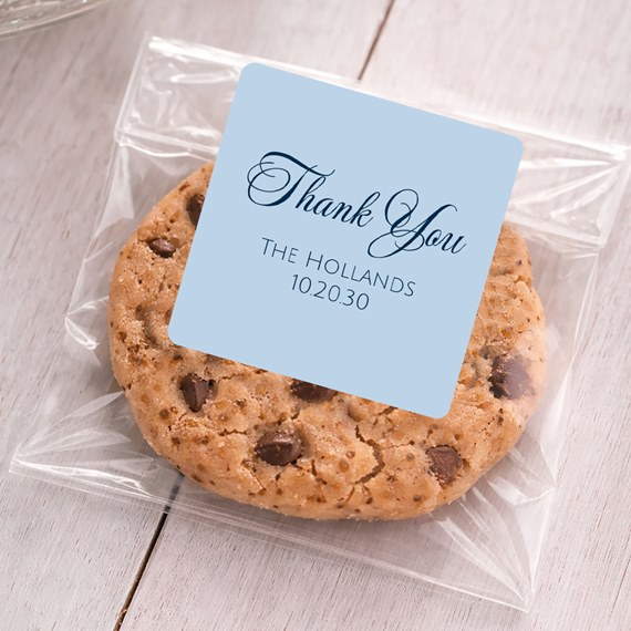 square sticker with thank you message on cookie wrapper