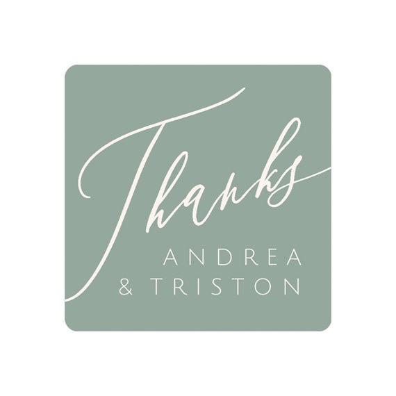 square sticker with thanks message and names