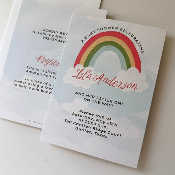 baby shower invitation with rainbow and clouds, customizable text area