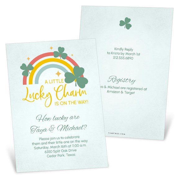 baby shower invitation with rainbow and shamrocks