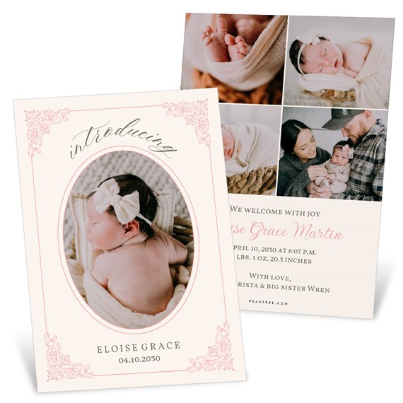 birth announcement card with photo placeholders and decorative border