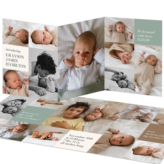 birth announcement with multiple photo placeholders and customizable text areas