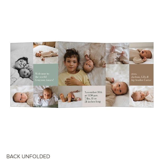 birth announcement card with photo placeholders and text areas