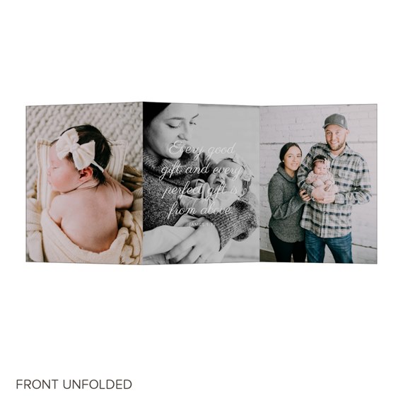 tri-fold birth announcement with photo placeholders and quote area