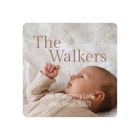 address label with customizable text area and photo placeholder