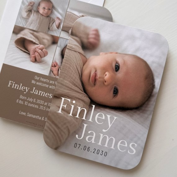 photo placeholder with rounded corners, beige background, printed text