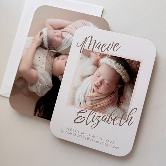 birth announcement card with photo placeholder and text area