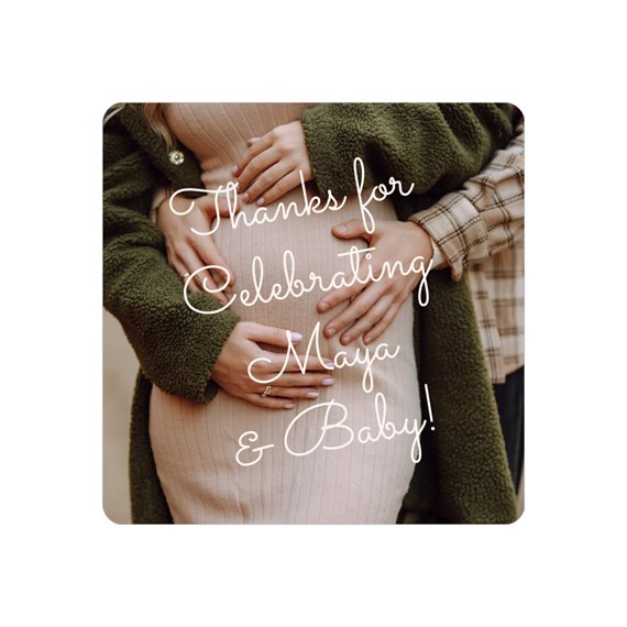 baby shower sticker with script text and hands on belly