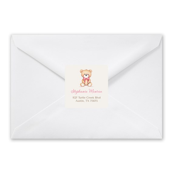 address label with teddy bear illustration and text