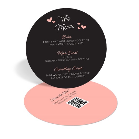 circular menu card with black and pink sections, heart motifs, and QR code