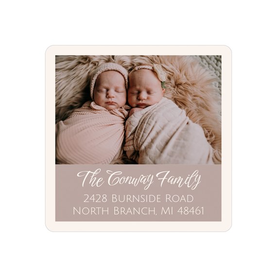 photo placeholder with decorative text and address