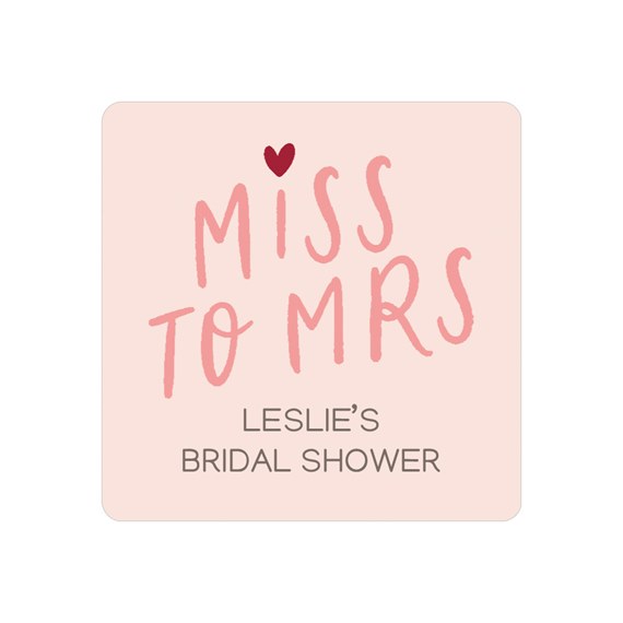 sticker with text 'MISS TO MRS' and heart, bridal shower theme