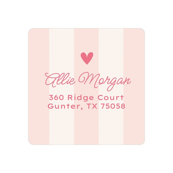 address label with pink stripes and heart icon