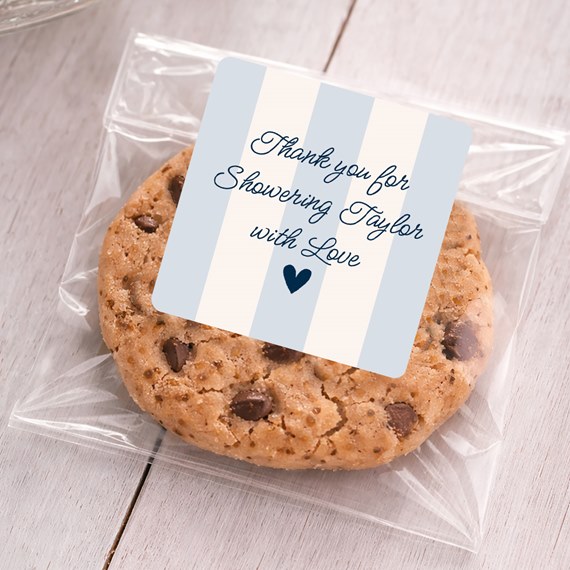 blue and white striped sticker with text