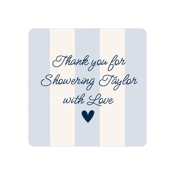 blue and cream striped baby shower sticker with thank you message and heart