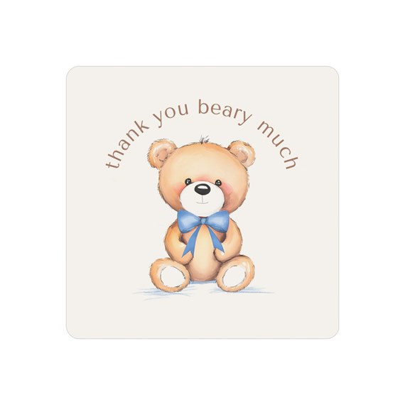 teddy bear with blue bow and text