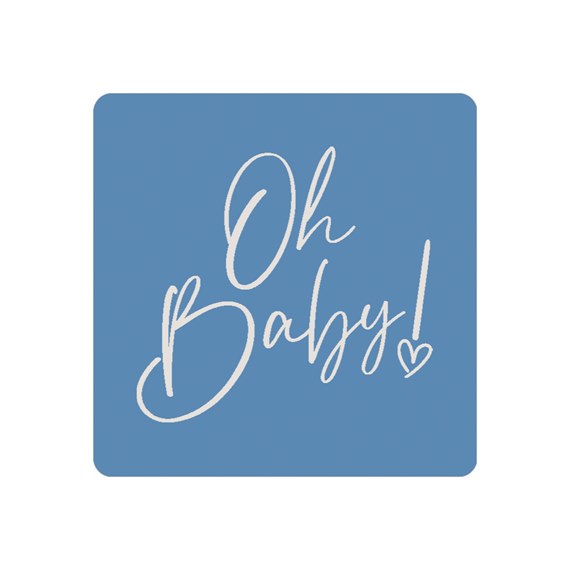 blue sticker with text 'Oh Baby!' and heart