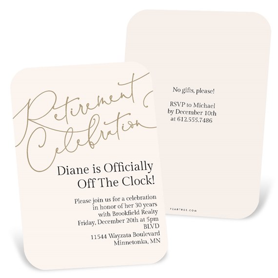 cream retirement invitation with gold script and RSVP details