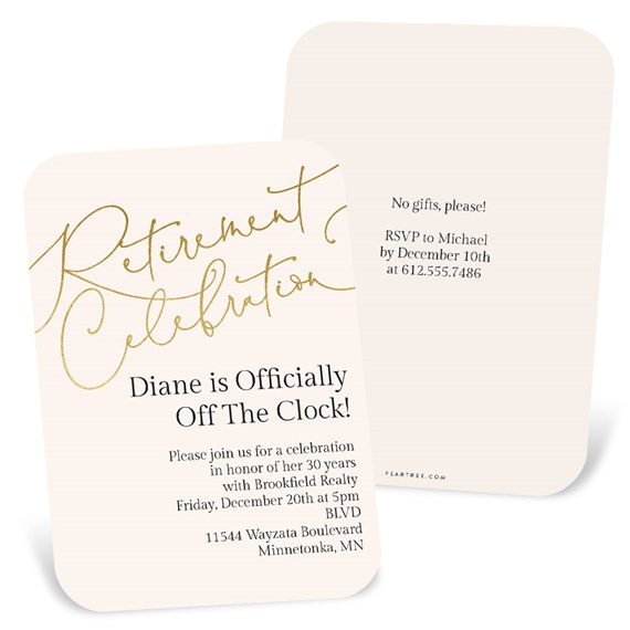 retirement party invitation card with gold and black text, beige background