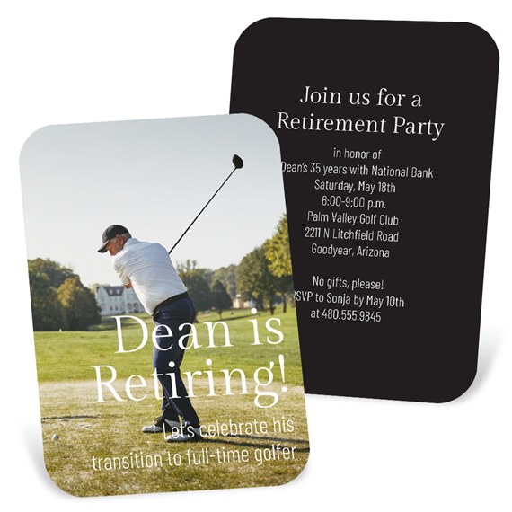 retirement party invitations with golfer image and event details
