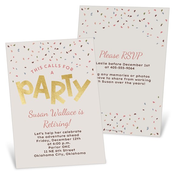 retirement party invitation with confetti design and customizable text area